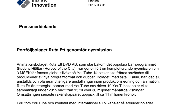 Portföljbolaget Ruta ett DVD genomför nyemission