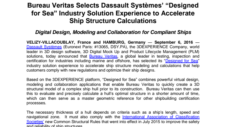 Bureau Veritas väljer Dassault Systèmes branschlösning ”Designed for Sea” för att snabba på beräkningar vid skeppskonstruktioner