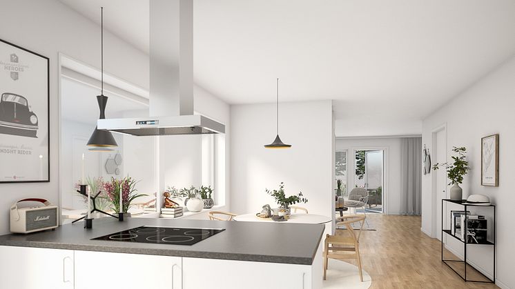 3D-illustration över kök/matrum i Villa Herrgården - Nöbbele Herrgård