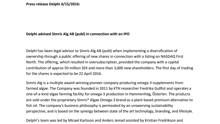 Delphi advised Simris Alg AB (publ) in connection with an IPO