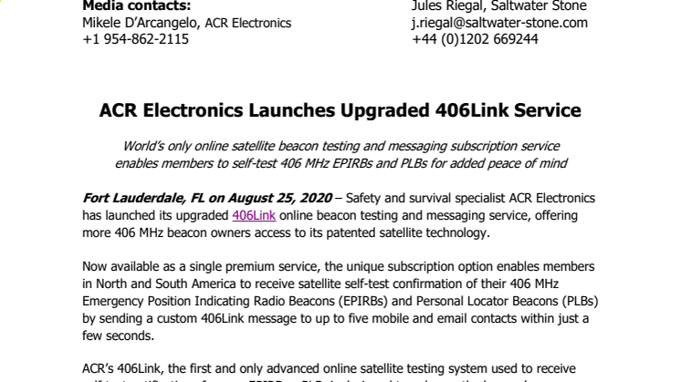 ACR Electronics Launches Upgraded 406Link Service
