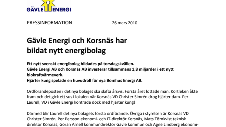 Gävle Energi och Korsnäs har bildat nytt energibolag