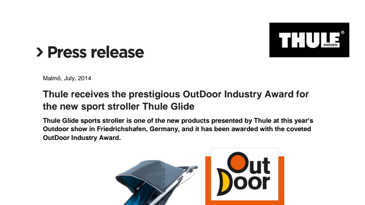 Thule receives the prestigious OutDoor Industry Award for the new sport stroller Thule Glide