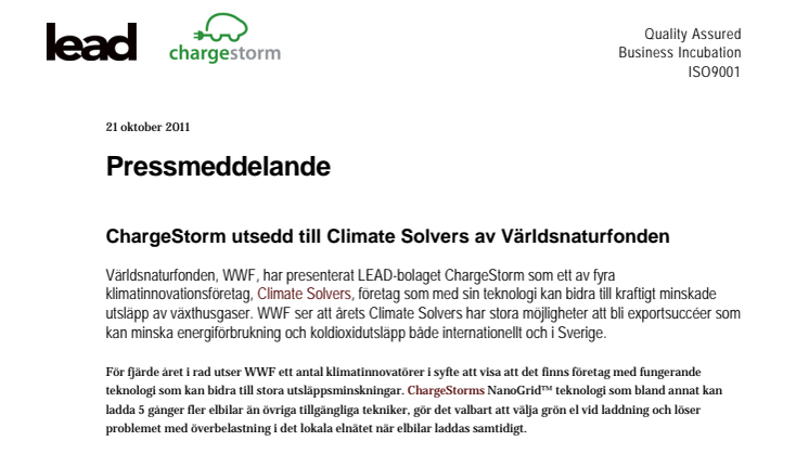 ChargeStorm utsedd till Climate Solvers av Världsnaturfonden 