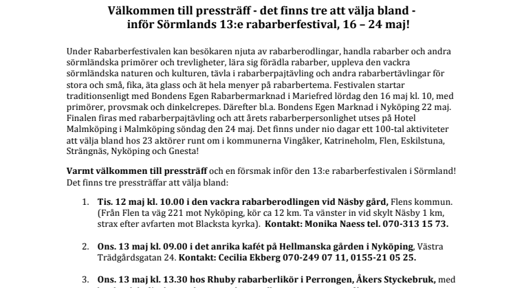 Välkommen till pressträffar inför Sörmlands 13:e rabarberfestival 