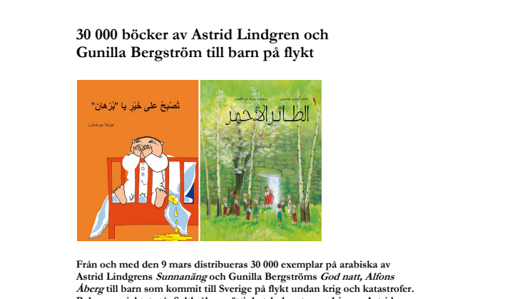 30 000 böcker av Astrid Lindgren och  Gunilla Bergström till barn på flykt