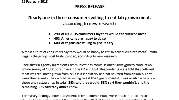 PRESS RELEASE – Nearly one in three consumers willing to eat lab-grown meat,  according to new research