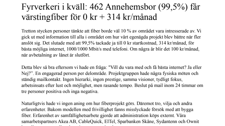 Fyrverkeri i kväll: 462 Annehemsbor (99,5%) får värstingfiber för 0 kr + 314 kr/månad