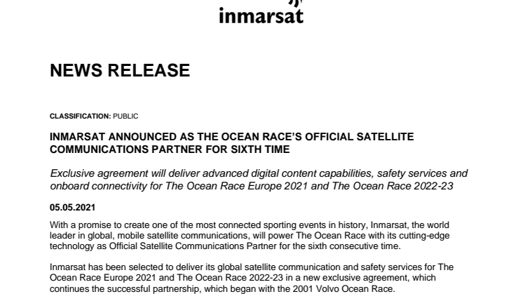  Inmarsat Announced as The Ocean Race's Official Satellite Communications Partner