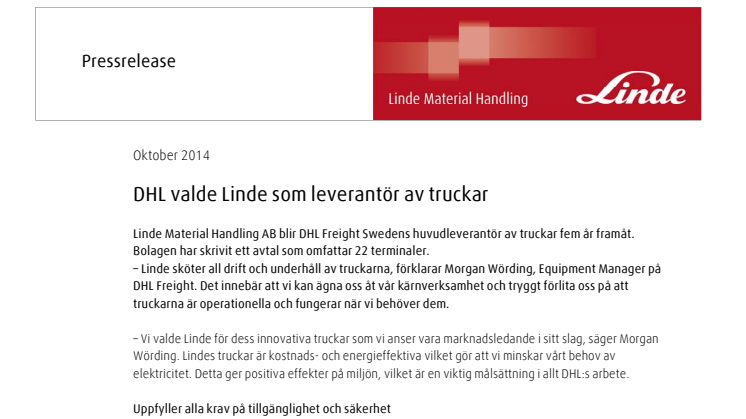 DHL valde Linde som leverantör av truckar