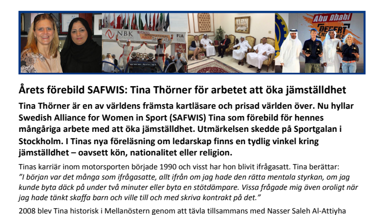 Årets förebild SAFWIS: Tina Thörner för arbetet att öka jämställdhet