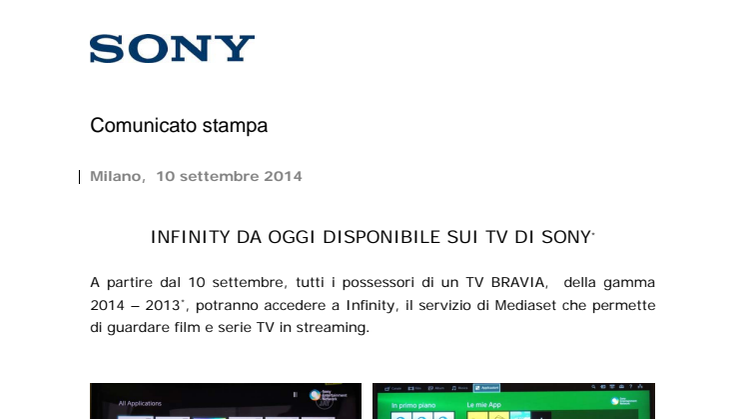INFINITY DA OGGI DISPONIBILE SUI TV DI SONY*