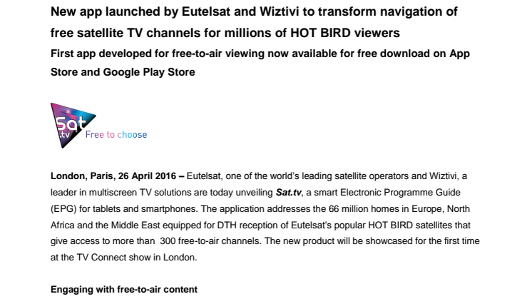 New app launched by Eutelsat and Wiztivi to transform navigation of free satellite TV channels for millions of HOT BIRD viewers