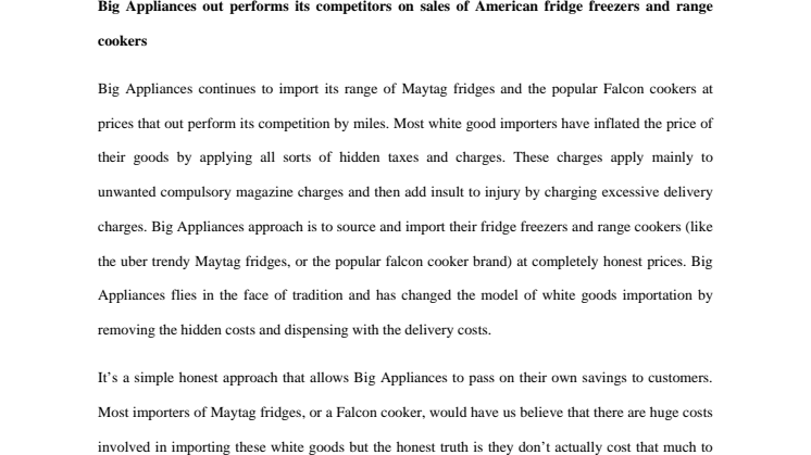 Big Appliances out performs its competitors on sales of American fridge freezers and range cookers