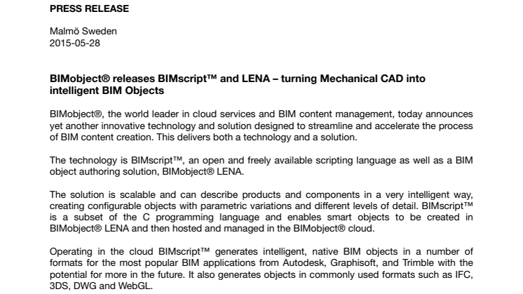 BIMobject® releases BIMscript™ and LENA – turning Mechanical CAD into intelligent BIM Objects