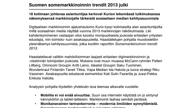 Tiedote: Suomen somemarkkinoinnin trendit 2013 julki