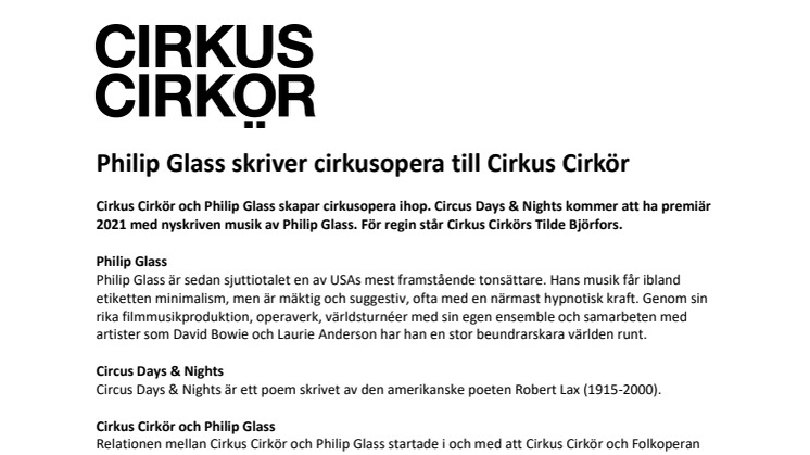 Philip Glass skriver cirkusopera till Cirkus Cirkör 