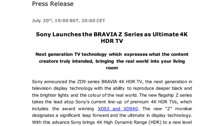 Sonyn uusi BRAVIA Z-sarja tarjoaa ylivertaisen 4K HDR -katselukokemuksen