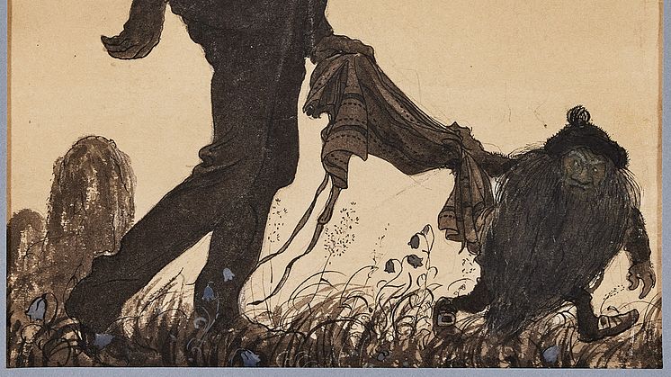 "Han förde honom över vägar och stigar, över berg och backar. Och hela tiden sov han" av John Bauer