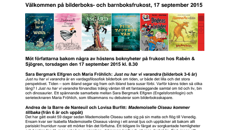 Rabén & Sjögren bjuder på bokfrukost den 17 september 2015
