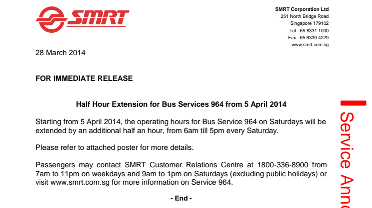 Half Hour Extension for Bus Service 964 from 5 April 2014