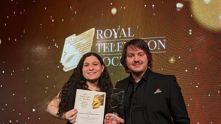 Chiara Ingravallo and Nathan Goodison collect the Royal Television Society Award for Best Student Drama.