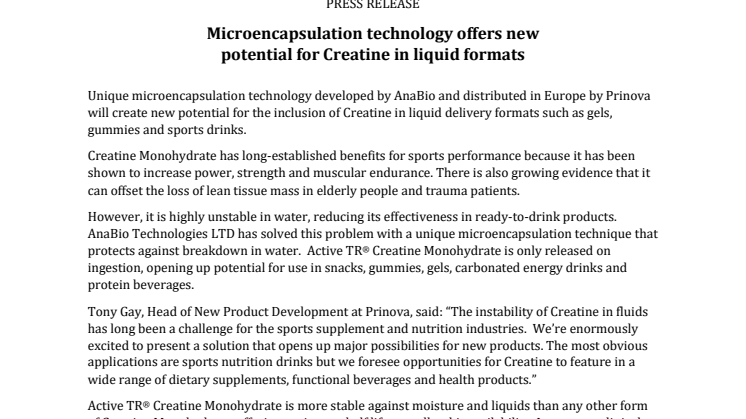 PRESS RELEASE: Microencapsulation technology offers new  potential for Creatine in liquid formats