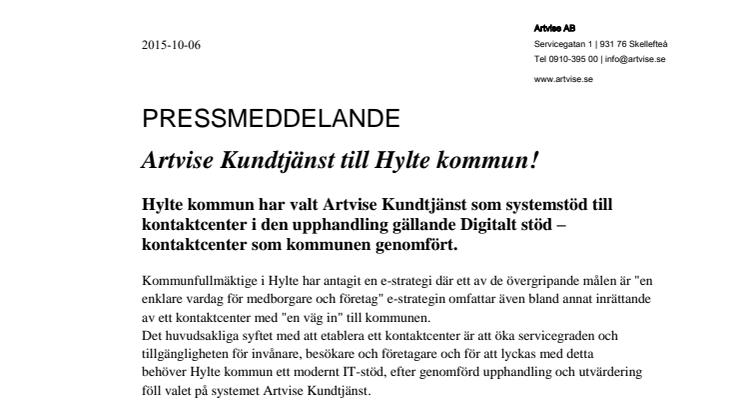Artvise Kundtjänst till Hylte kommun! 