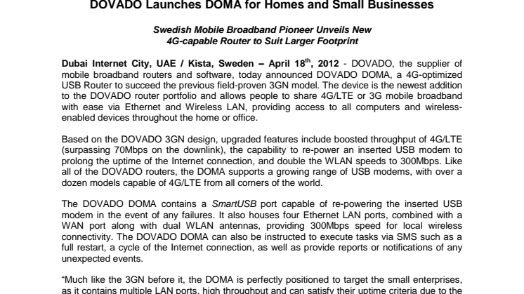 DOVADO Launches DOMA for Homes and Small Businesses
