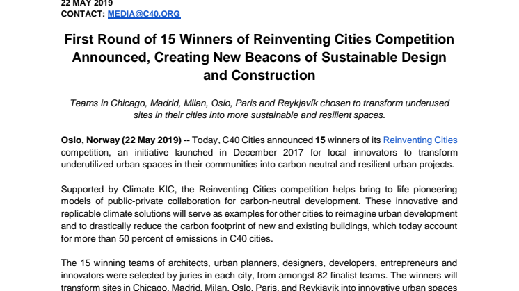 First Round of 15 Winners of Reinventing Cities Competition Announced, Creating New Beacons of Sustainable Design and Construction