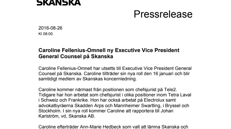 Caroline Fellenius-Omnell ny Executive Vice President General Counsel på Skanska