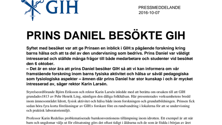 Prins Daniel besökte GIH
