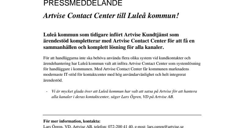 Artvise Contact Center till Luleå kommun!