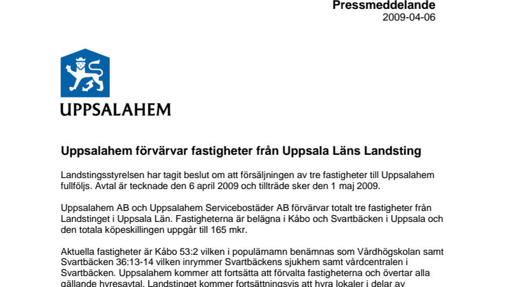 Uppsalahem förvärvar fastigheter från Uppsala Läns Landsting