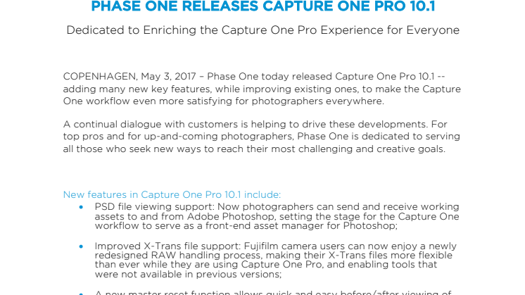 Phase One Releases Capture One Pro 10.1