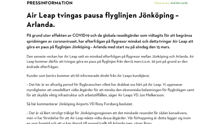 Air Leap tvingas pausa flyglinjen Jönköping - Arlanda
