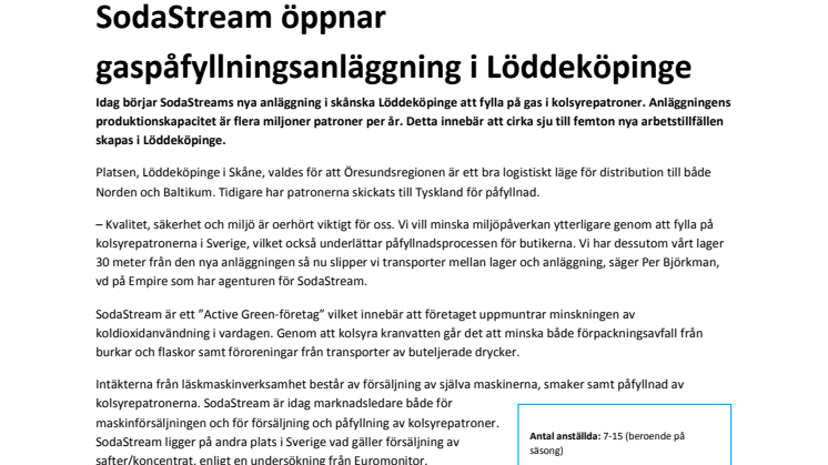 SodaStream öppnar gaspåfyllningsanläggning i Löddeköpinge
