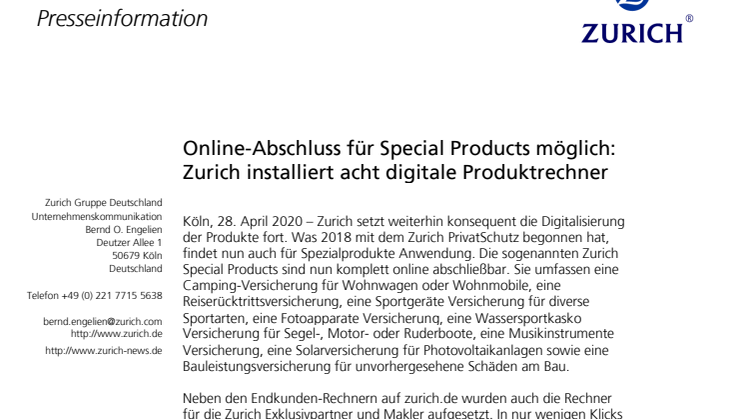 Online-Abschluss für Special Products möglich: Zurich installiert acht digitale Produktrechner