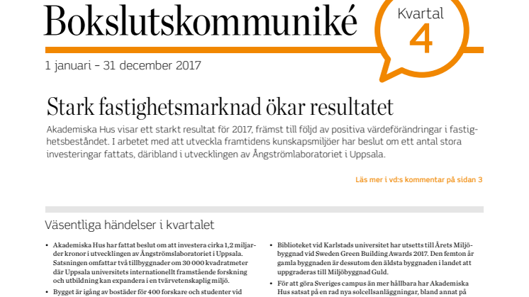 Akademiska Hus bokslutskommuniké 2017