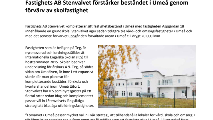 Fastighets AB Stenvalvet förstärker beståndet i Umeå genom förvärv av skolfastighet