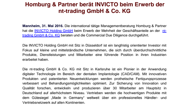 Homburg & Partner berät INVICTO beim Erwerb der nt-trading GmbH & Co. KG