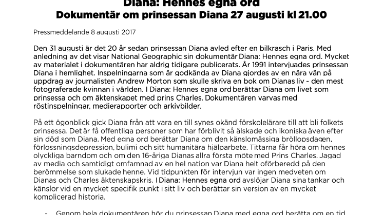 National Geographic visar dokumentären Diana: Hennes egna ord den 27 augusti kl 21.00