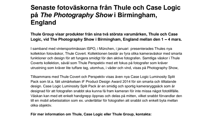Senaste fotoväskorna från Thule och Case Logic på The Photography Show i Birmingham, England