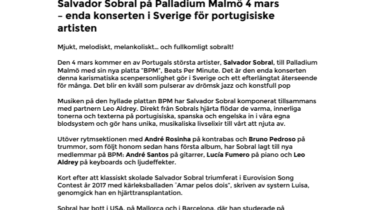 Salvador Sobral på Palladium Malmö 4 mars  – enda konserten i Sverige för portugisiske artisten