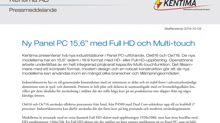 Ny Panel PC 15,6” med Full HD och Multi-touch