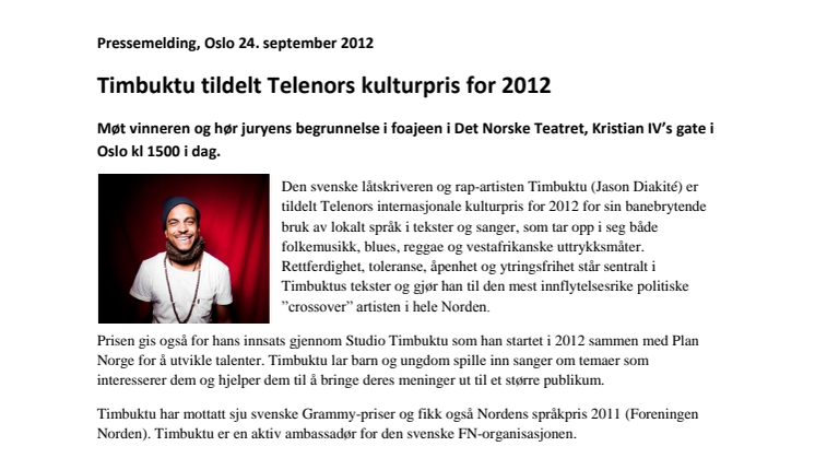Timbuktu tilldelas Telenors Kulturpris 2012