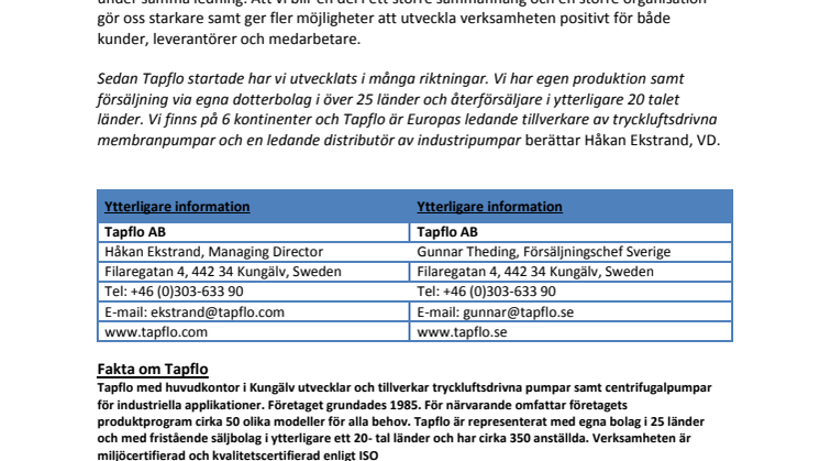 Nu har den svenska industrikoncernen Tapflo Group gått samman med Temag Pumpar.