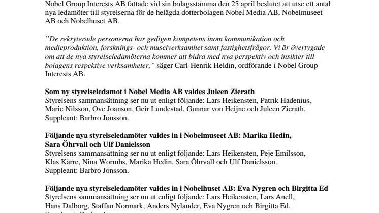 New Board members of Nobel Media AB, Nobelmuseet AB and Nobelhuset AB