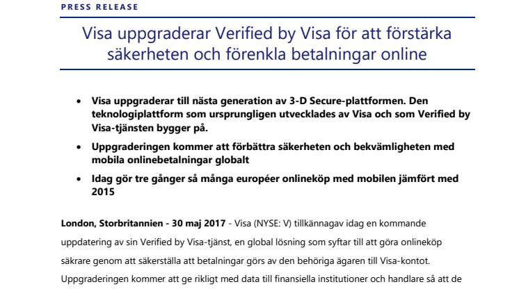 Visa uppgraderar Verified by Visa för att förstärka säkerheten och förenkla betalningar online