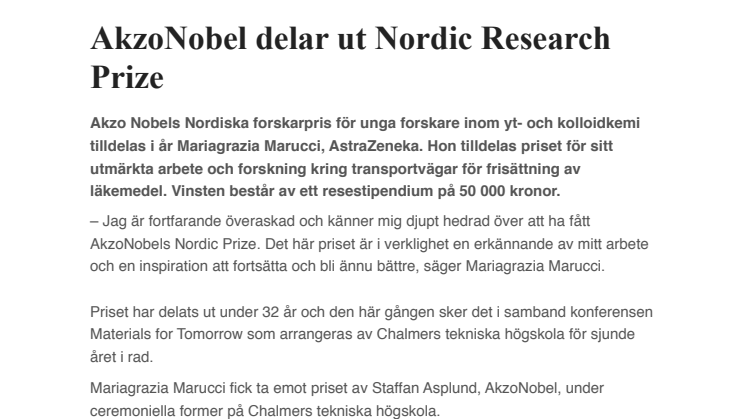 AkzoNobel delar ut Nordic Research Prize